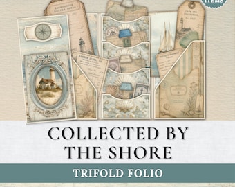 Collected By The Shore Trifold Folio Kit | Coastal Junk Journal Printable | Lighthouse Ephemera | Nautical Vintage Papers | Beach Cottage