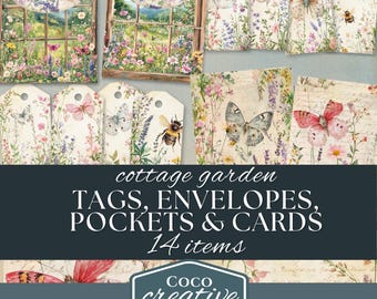 Cottage Garden Floral Ephemera Printable Tags, Mini Envelopes, Cards, Paper Craft Collage Sheet, 14 Floral Digital Items