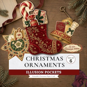 May include: A set of six Christmas ornament illusion pockets featuring a red velvet stocking with gold filigree, a candy cane, a gift box, a golden bell with a Christmas carols book, an angel on a star, and a label reading A little Christmas surprise.