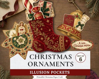 Illusion Pockets for Junk Journal, Victorian Christmas Ornaments – Printable Gift Card Holders, Scrapbook, Interactive Ephemera Fussy Cuts