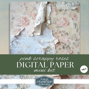 Pink Grunge Roses Papers, Scrappy Floral Digital Download, Shabby Chic Junk Journal, Vintage Craft Supplies, Antique Collage Scrapbook