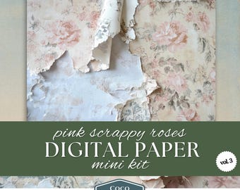 Rosa grunge rosor papper, Scrappy blommig digital nedladdning, Shabby chic skräpjournal, vintage hantverksmaterial, antik collage scrapbook