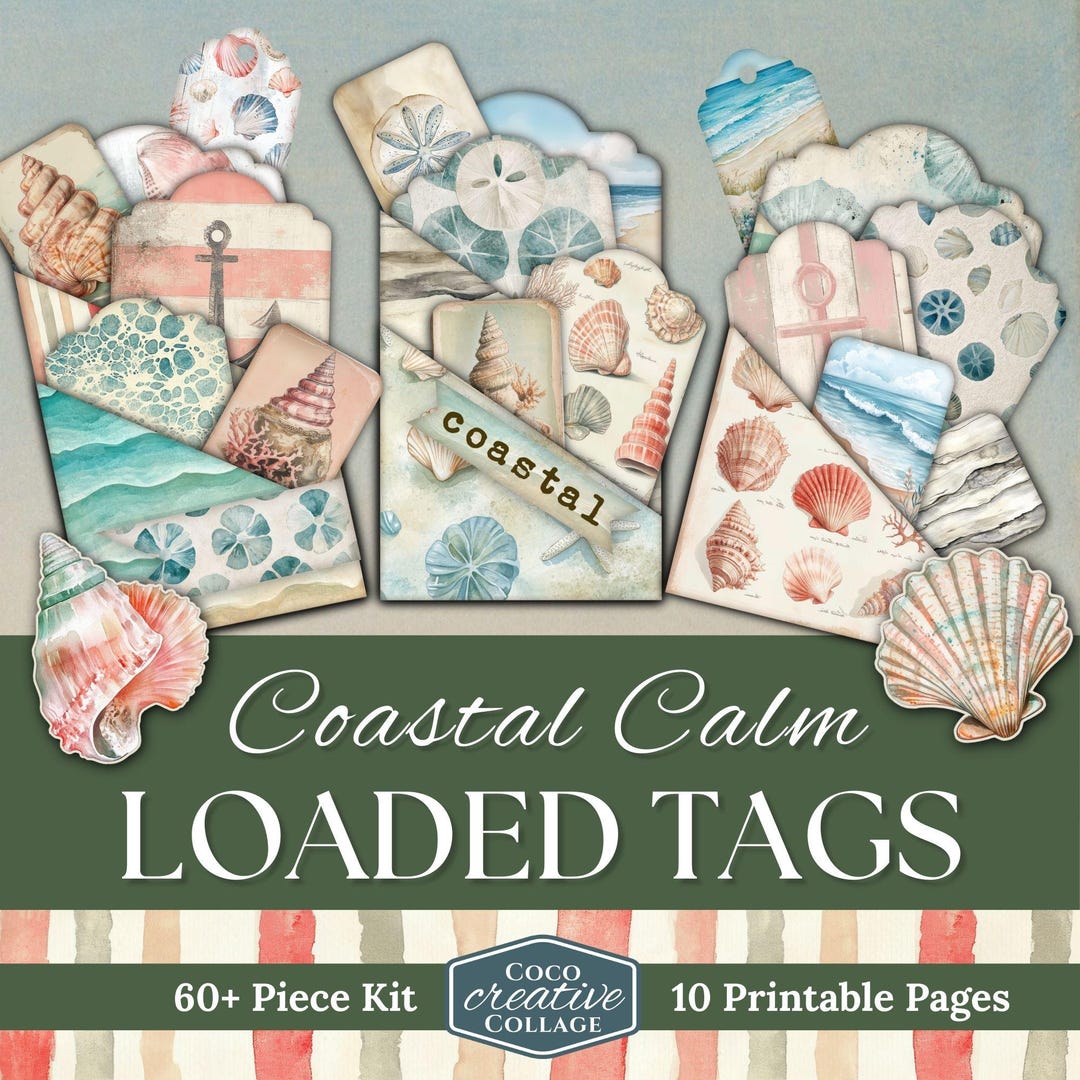 Digital Junk Journal Loaded Pocket Tags, Coastal Calm Printable ...