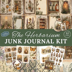 Puede incluir: Un collage de páginas de diario y efímeras de estilo vintage, con ilustraciones botánicas, tarros y mariposas. El texto "The Herbarium Junk Journal Kit" se muestra en una pancarta verde, con "30 páginas" en un círculo.