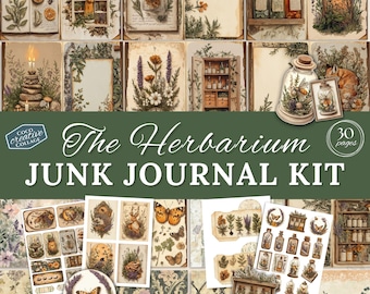May include: A collage of vintage-style journal pages and ephemera, featuring botanical illustrations, jars, and butterflies. The text "The Herbarium Junk Journal Kit" is displayed on a green banner, with "30 pages" in a circle.