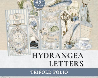 Hydrangea Letters Trifold Folio Kit | Printable Blue Vintage Florals | French Writing Ephemera, Cards, Tags, Fussy Cuts