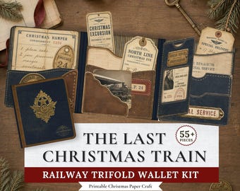 Christmas Digital Junk Journal Kit, Victorian Railway Trifold Wallet, Vintage Train Ephemera, Printable Folio Kit, Christmas Paper Craft