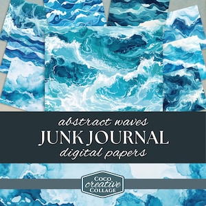 Carte digitali Abstract Waves, 10 modelli di album di ritagli oceanici per diari spazzatura, fogli di collage color acquamarina e blu, estate costiera, tema spiaggia