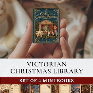 May include: A miniature book titled The Children's Christmas Exhibition with a blue cover featuring a gold star, a toy horse, and a red rosette. The book is held up, displaying intricate holiday-themed illustrations and ornate gold lettering.