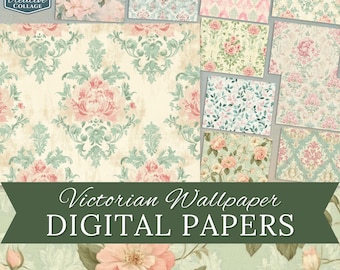 May include: A set of 10 digital papers featuring Victorian wallpaper designs. The papers feature floral patterns, damask patterns, and a variety of colors, including pink, green, and blue. The papers are perfect for scrapbooking, card making, and other crafting projects.