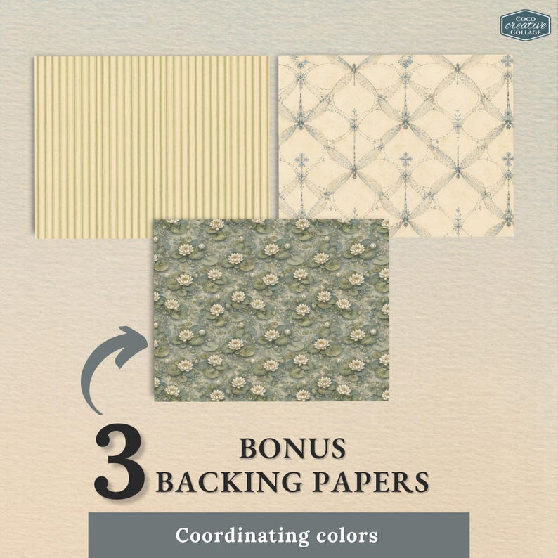 May include: Three rectangular sheets of decorative paper. One features vertical yellow stripes, another displays a cream-colored lattice pattern with blue accents, and the third shows a dense green floral print with white water lilies. Text reads 3 BONUS BACKING PAPERS.