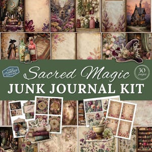 Sacred Magic Junk Journal Kit, heidens digitaal plakboek, afdrukbare groene heks, vintage mystieke pagina&#39;s, collageblad, grimoire, wicca