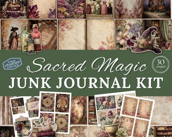 Sacred Magic Junk Journal Kit, Pagan Digital Scrapbook Paper, Green Witch Printable, Vintage Mystic Pages, Collage Sheet, Grimoire, Wicca