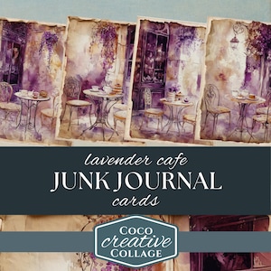 May include: Three vintage-style cards featuring watercolor illustrations of a Parisian cafe with purple flowers, tables, and chairs. The text "lavender cafe JUNK JOURNAL cards" is printed on the cards.