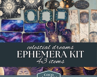 Celestial Dreams Ephemeral Printable Pages, Moon & Stars Junk Journal, Zodiac Digital Scrapbook, Astrology Kit, Galaxy Embellishments
