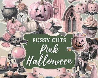 Cortes Fussy de Halloween Rosa, Itens Efêmeros de Diário com Gravura Vintage, Adesivos Assustadores de Outono, Download Digital de Temporada Fantástica