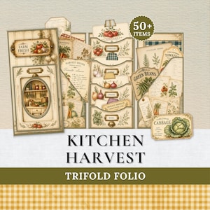 Pode incluir: Uma coleção de efemérides de papel com tema de cozinha vintage. O conjunto inclui cartões de receitas, etiquetas para vegetais como tomates, cebolas e manjericão e elementos decorativos com o texto "Farm Fresh" e "Kitchen Harvest".