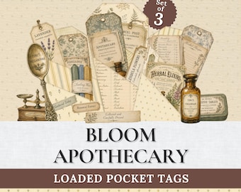 Bloom Apothecary Loaded Pocket Tags | Vintage Botanical Junk Journal Printable | Herbal Journal Kit | Cottagecore Paper Craft