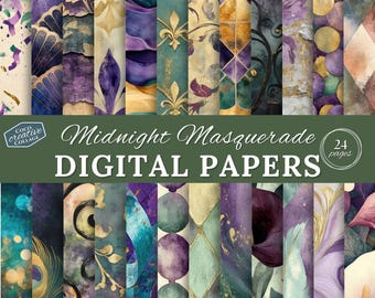 May include: A set of 24 digital papers featuring a midnight masquerade theme. The papers feature a variety of patterns, including swirls, feathers, geometric shapes, and floral designs. The color palette is a mix of purple, teal, gold, and black.