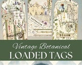 Vintage Botanical Loaded Tags, Digital Junk Journal Kit, Vintage Floral Tags, Printable Pocket Ephemera, Craft Supplies, Journal Inserts