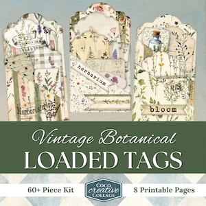 Vintage Botanical Loaded Tags, Digital Junk Journal Kit, Vintage Floral Tags, Printable Pocket Ephemera, Craft Supplies, Journal Inserts