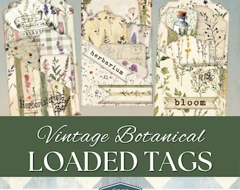 Vintage Botanical Loaded Tags, Digital Junk Journal Kit, Vintage Floral Tags, Printable Pocket Ephemera, Craft Supplies, Journal Inserts