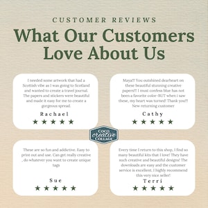 May include: A customer review graphic featuring the text What Our Customers Love About Us and the Coco Creative Collage logo. Four white rounded boxes contain testimonials from Rachael, Cathy, Sue, and Terri, each accompanied by five dark green stars.