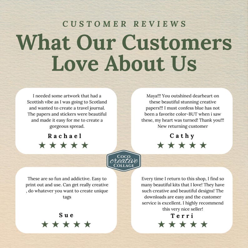 May include: A customer review graphic featuring the text What Our Customers Love About Us and the Coco Creative Collage logo. Four white rounded boxes contain testimonials from Rachael, Cathy, Sue, and Terri, each accompanied by five dark green stars.