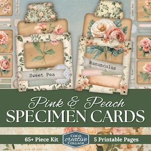 Cartes de spécimen de fleurs de journal indésirable, éphémères floraux roses et pêche, kit botanique imprimable numérique, diapositives avec fenêtres, étiquette de jardin vintage
