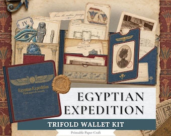 Egyptian Expedition Wallet Printable Kit, Ancient Egypt Travel Folio with Illusion Pockets & Vintage Ephemera, Archeology Fussy Cuts