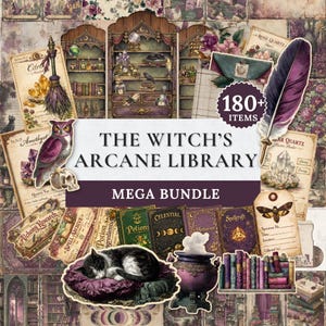 Puede incluir: Un collage con temática de brujas con el texto "The Witch's Arcane Library Mega Bundle". La imagen incluye un búho, un gato, libros, botellas de pociones, cristales, una pluma y una escoba. La imagen tiene una estética vintage.