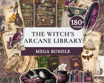 Witch Junk Journal Mega Kit | Arcane Library Printable Bundle 180+ Ephemera, Papers, Fussy Cuts & Mini Books | Dark Academia Grimoire Set