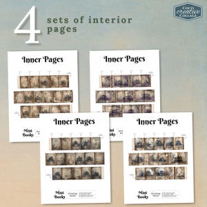 May include: Four sets of interior pages are displayed, each featuring miniature book designs with illustrations of trees and buildings. The text "Inner Pages" is at the top of each set, with "Mini Books" and "Printing Notes" at the bottom.