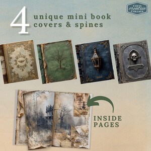 May include: Four unique mini book covers and spines are displayed. The covers feature ornate designs, including a tree, a lantern, and a skull. The inside pages of the book are also shown, with a gothic illustration.