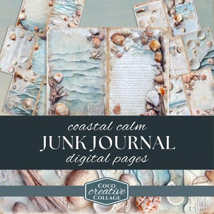 Può includere: Un kit di diario di scarto digitale a tema costiero. Le pagine presentano uno sfondo acquerellato blu e bianco con conchiglie, legno galleggiante e testo scritto a mano. Il titolo "coastal calm JUNK JOURNAL digital pages" è visualizzato in testo bianco su uno sfondo grigio scuro. Il logo "Coco Creative Collage" è visualizzato in testo bianco su uno sfondo nero.
