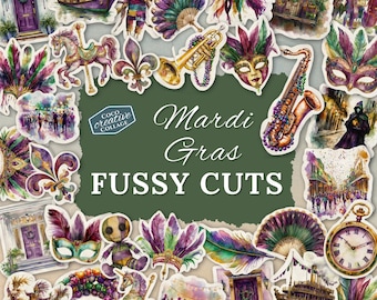 May include: A set of 25 digital fussy cut images featuring Mardi Gras themed illustrations. The images include a variety of colourful designs, such as masks, beads, a trumpet, a saxophone, a carousel, a door, a boat, and a street scene. The images are perfect for scrapbooking, card making, and other craft projects.