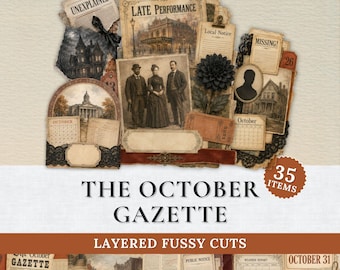 Vintage Halloween Newspaper Scrap Clusters, Printable Junk Journal Ephemera – The October Gazette, Layered Fussy Cuts