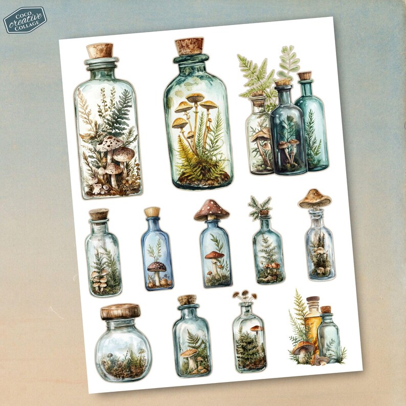 Mushroom Scrapbook Supplies: A delightful selection of 34 fussy cuts featuring apothecary bottles and mushrooms, designed for scrapbookers and crafters seeking unique digital downloads.