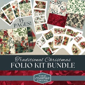 Traditional Christmas Junk Journal Folio, 15 Mix & Match Xmas Digital Pages Bundle, Pockets Panels Tags, Printable Trifold, Holly Plaid Pine