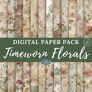 Grunge Neutral Floral Digital Papers: Timeworn Flower Distressed Printable Scrapbook Sheets, Distressed Junk Journal Pages, Grungy