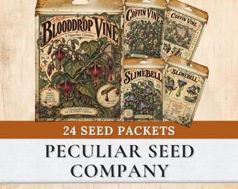 Peculiar Victorian Seed Packets Printable, 24 Double Sided Gothic Botanical Seed Envelopes, Halloween Junk Journal Ephemera, Oddities Craft