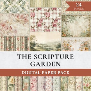 Op de afbeelding: Een digitaal papierpakket met bloemen- en patroonontwerpen in zachte, gedempte kleuren. Het pakket bevat afbeeldingen met rozen, strepen en ruitpatronen. De tekst "THE SCRIPTURE GARDEN DIGITAL PAPER PACK" wordt weergegeven.