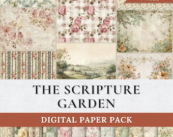 Scripture Garden Digital Papers | Faith Based Botanical Printable Pack | KJV Vintage Floral Junk Journal Paper Kit | 24 Sheets