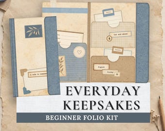 Printable Beginner Junk Journal Folio Kit, Dusty Blue & Parchment, Everyday Memory Keepsakes with Pockets and Ephemera