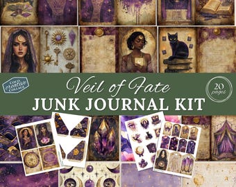 May include: A digital junk journal kit with 20 pages featuring a purple and gold color scheme. The kit includes images of a woman with a veil, a black cat, a crystal, and a crescent moon. The text "Veil of Fate Junk Journal Kit" is displayed on the image.