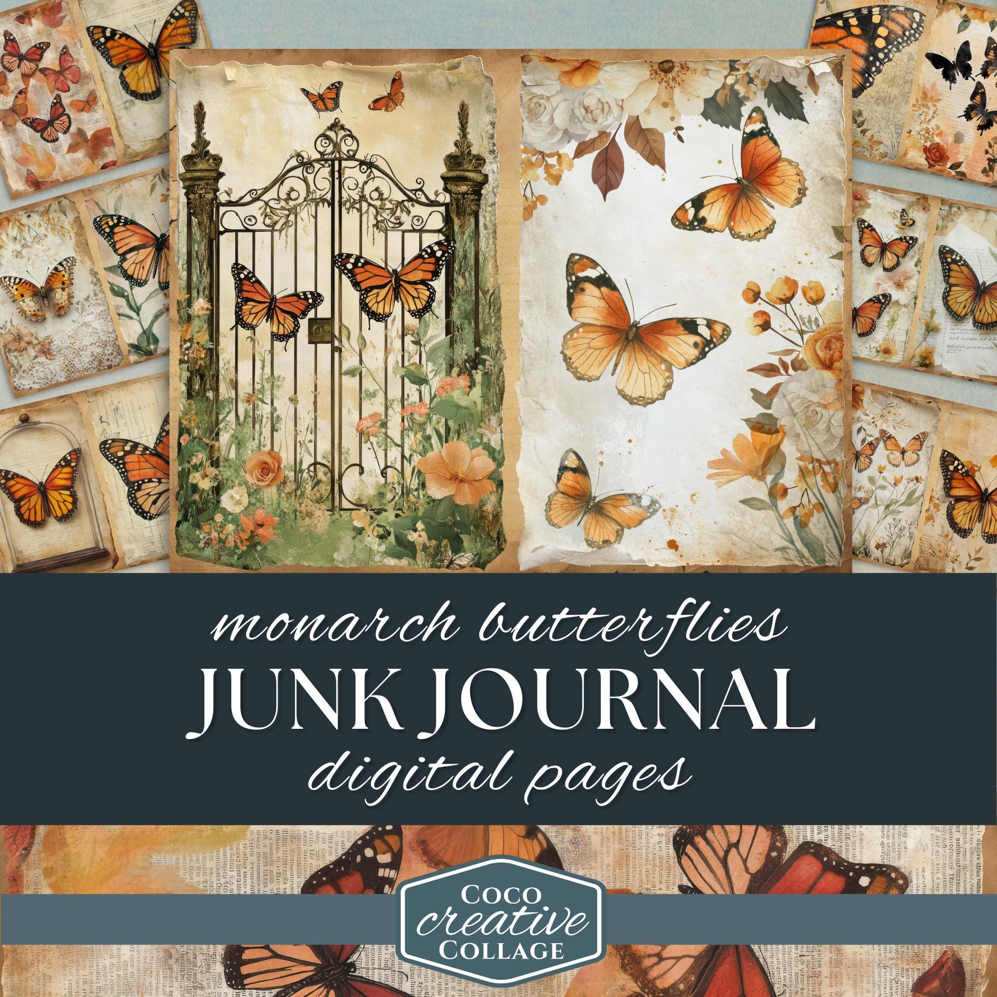 Butterfly Junk Journal Kit, Vintage Monarch Butterflies Scrapbook Pages ...