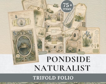 Pondside Naturalist Trifold Folio Kit | Pond Life Ephemera Printable | Frog & Dragonfly Journal | Vintage Botanical Wetland Nature Tags
