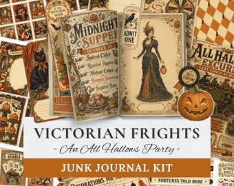 Kit de diario de Halloween "Espantos Victorianos": Materiales imprimibles, papeles de fiesta vintage y recortes retro.