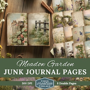 Kit de diário de jardim Meadow Garden, páginas florais digitais, papel botânico vintage para impressão, materiais para scrapbooking da natureza, flores de verão, primavera