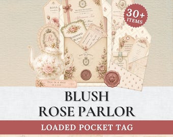 Blush Rose Parlor Loaded Pocket Tags | Victorian Tea Party Ephemera Kit | Vintage Garden Journal | Digital Download